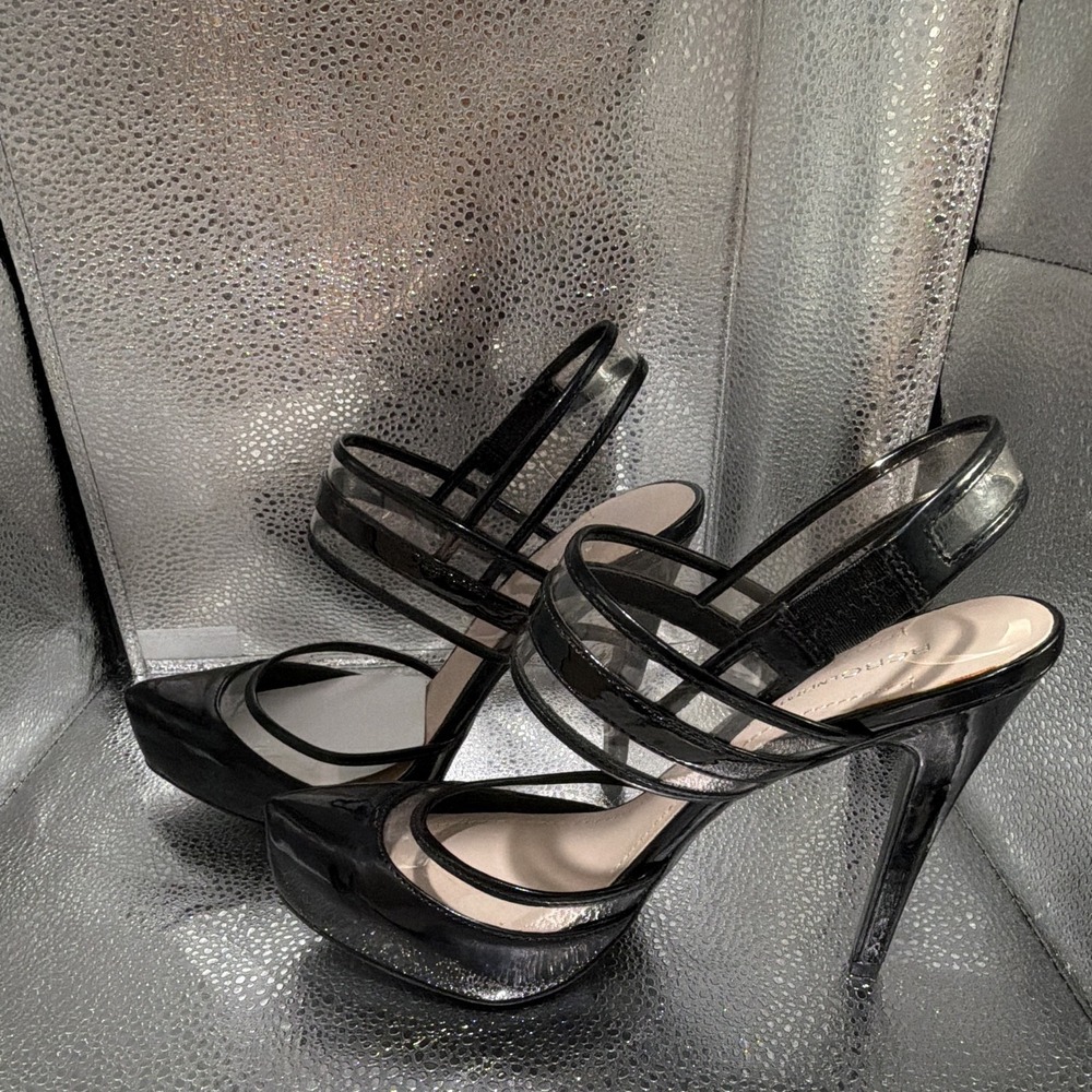 BCBGeneration Women's Strappy Stiletto Heels Black/Clear Patent PVC 8M